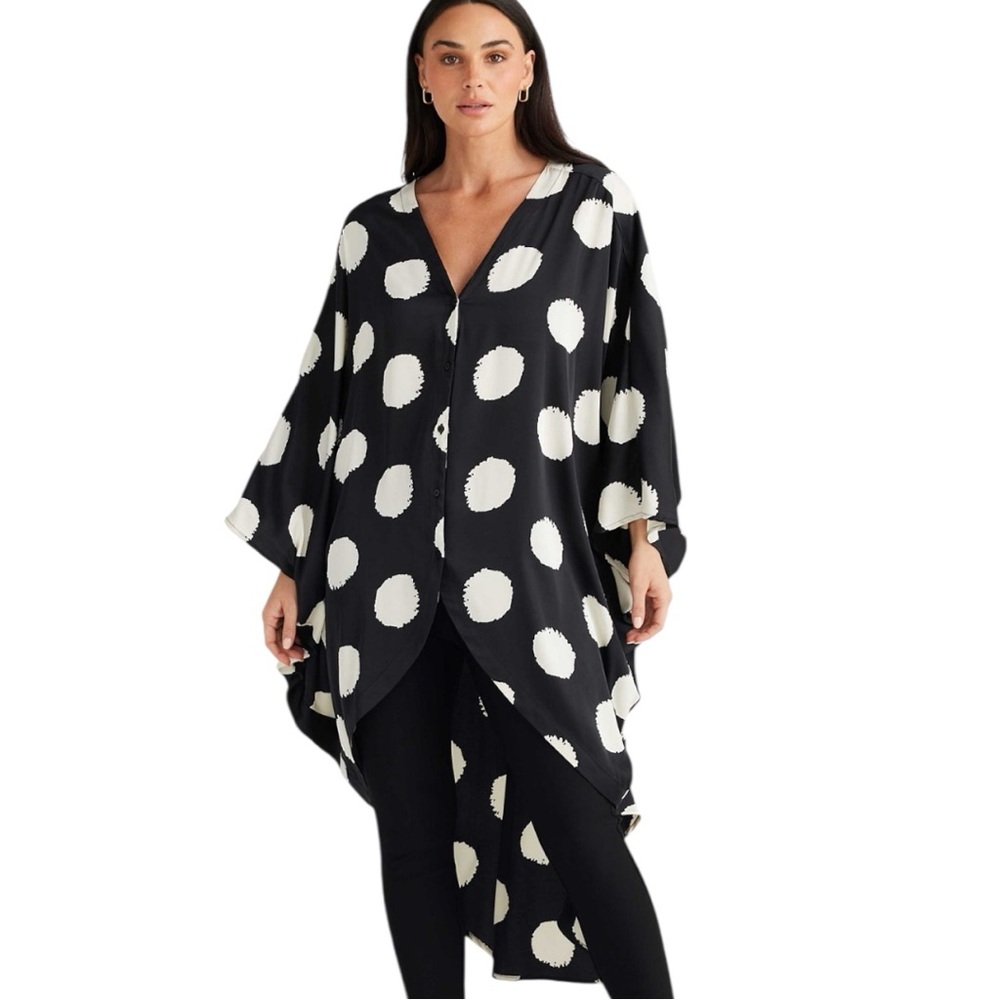 NWT Brave + True Claudia Shirt Black Ivory Spot High Low Button Front One Size - Picture 4 of 12